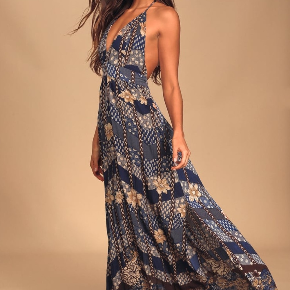 LuLus Annalisa Blue Multi Floral Print Halter Maxi Dress, small